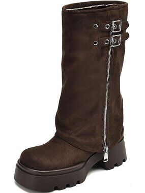 🆕Women's Brown Suede Chunky Platform Moto Riding Boots Slouchy Fold Over